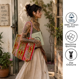 Bohemian Cotton Tote <b>Bag</b> with Floral Pattern Red Green Stripes <b>Foldable</b> Autumn Shopping <b>Bag</b> All Seasons Style - Product Image 4