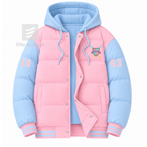 Chaqueta acolchada personalizada de la hermandad Gamma Phi Delta con logo bordado en la parte delantera, color rosa y azul claro, manga larga, para mujer. - Product Image 1
