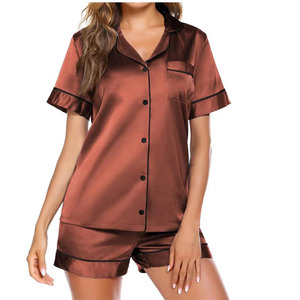 Ensemble de pyjama pour femmes à imprimé fraises, manches courtes, vêtements de nuit en coton, décontracté d'été, deux pièces, bleu avec motif à carreaux - Product Image 5