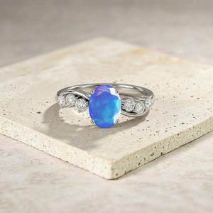 Genuine Blue Opal <b>Ring</b> Oval Opal Engagement <b>Ring</b> 925 Sterling <b>Silver</b> Accent Unique October Birthstone Gift - Product Image 1