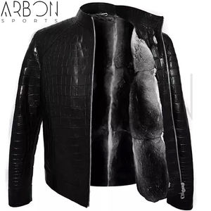 Veste en cuir PU noir pour homme, col rabattu, fermeture éclair, motif crocodile embossé, style motard, vêtement d'automne - Product Image 2
