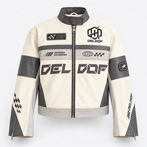 Veste de moto en cuir véritable pour femme, col montant, fermeture éclair, motif géométrique, coupe-vent, veste d'automne - Product Image 4