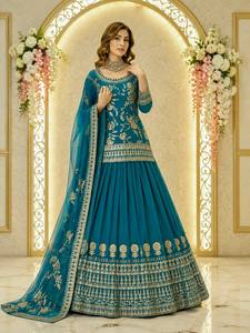 Noiir Pigeon Teal Silk Wrinkle Free <b>Lehenga</b> Choli Silver Embroidery <b>Women</b> Wedding Diwali Wear Traditional Indian Pakistani Style - Product Image 3