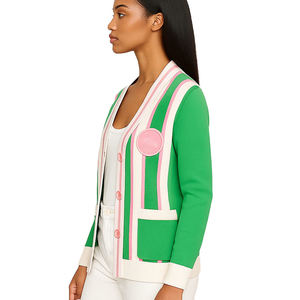 Cardigan vintage vert et rose uni pour femme avec imprimé au dos, col en V, fermeture boutonnée, manches longues, hiver - Product Image 3