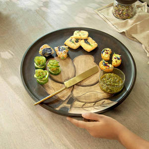 Budget-Friendly Round Wooden <b>Tray</b> Floral Pattern Modern Design Multi-Functional Serving <b>Tray</b> for Weddings Breakfast Lunch <b>Dinner</b> - Product Image 3