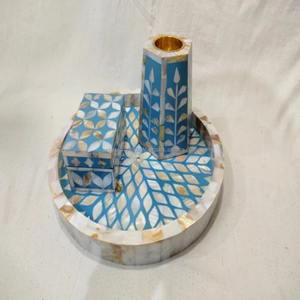 Ensemble de Bukhoor élégant en nacre bleu ciel, plateau en résine, brûleur d'encens, boîte de rangement, décoration de luxe faite à la main - Product Image 1