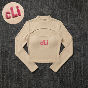 Custom Chenille Patch Crop <b>Top</b> Front Cutout women's shirt Mock Neck <b>Long</b> <b>Sleeves</b> T-Shirt Casual <b>Sparkly</b> Rhinestone Slim Fit Tee - Product Image 3