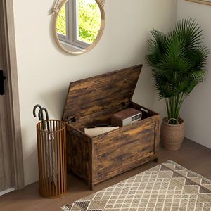 29.9\" Rustic Brown Wooden <b>Storage</b> Trunk for Playroom Kids & Teen <b>Storage</b> <b>Chest</b> with 2 Safety Hinges and Side Handles - Product Image 2