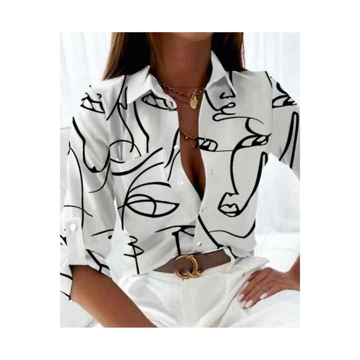 Women's Long Sleeve Face Printed Moss Crepe Shirt - 78793