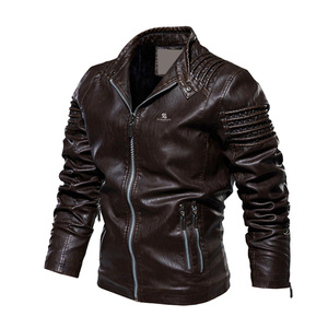 Veste en cuir véritable noire pour homme, col mandarin, fermeture éclair, style décontracté, vêtement d'hiver, coupe régulière, couleur unie, doublure en satin - Product Image 3