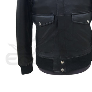 <b>Mens</b> Leather Flight <b>Jacket</b> Black <b>Fur</b> Collar Button Flap Chest Pockets Ribbed Cuffs Customized Waterproof Windproof Winter - Product Image 4