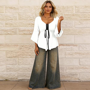 Oferta Especial en Blusa Elegante para Mujer con Cuello en V, Manga Corta y Cordones Delanteros, Ecológica, para Primavera y Salidas - Product Image 3