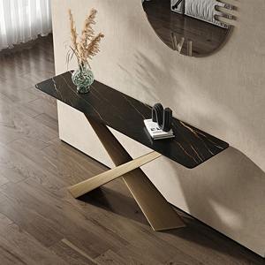 Mesa Consola de Hierro Arquitectónico Moderno con Diseño Convertible Espejado, Tapa con Aspecto de Piedra Oscura y Base en X para Uso en Entrada/Hotel - Product Image 2