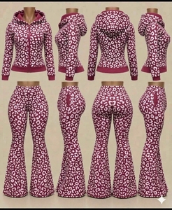 Cheetah Print 2 Piece Set Custom LOGO Leopard Raglan Sleeve Jacket and Flare <b>Pants</b> Tall Girl Friendly Women Lounge Sets - Product Image 4