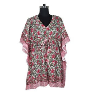 Caftán de Algodón Estampado a Mano XL, Caftán Indio KFCS114, Abaya Caftán de Manga Corta, Maxi, Moda Dubái, Jalabiya Árabe Hecha a Mano - Product Image 6