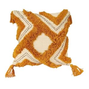 Hot Selling Bohemian Geometric <b>Throw</b> Pillow Square <b>Orange</b> Cream Woven Textile Decorative Cushion with Tassels - Product Image 1