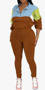 Conjunto Deportivo de Dos Piezas para Mujer, Tejido, con Bloques de Color, Manga Larga, Cuello Camisero, Corte Holgado, Informal, para Todas las Temporadas - Product Image 2