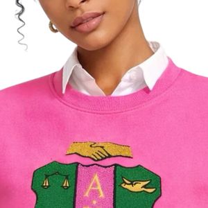 Sweat-shirt rose à col rond pour femme avec broderie verte, col blanc superposé, manches longues, pull décontracté pour sororité universitaire - Product Image 2