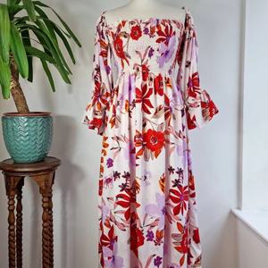 Midi Paisley Floral Cómodo Mezcla de algodón Seda para Bodas de verano High Teas Elegante Blanco Púrpura Rojo Colores Casual Maxi - Product Image 1