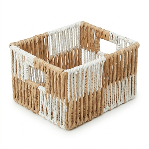 Stylish Two Tone Woven Rope Basket Rectangular <b>Storage</b> Container For Home <b>Bath</b> Organization Handwoven With Handles Eco Friendly - Product Image 1