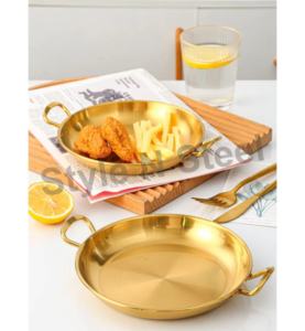 Bandeja para servir de acero inoxidable redonda de primera calidad con doble asa de Patti al por mayor, plato y plato grande dorado para servir - Product Image 1