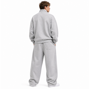 Luxury <b>Grey</b> Oversized Hoodies Custom Graphic Print Quarter Zip Mock Neck <b>Sweatshirt</b> Wide Leg Joggers Heavy French Terry Cotton - Product Image 3