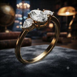 Bague de fiançailles en or jaune avec moissanite taille ovale et pierres latérales marquise, grappe florale, pour femme, bijoux personnalisés - Product Image 1