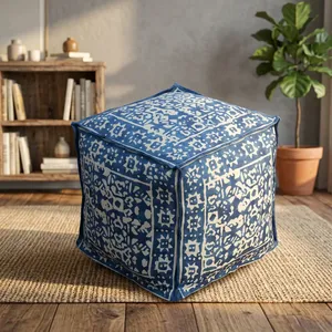 Blue Printed Square Fabric Pouf Ottoman Soft Cushioned Floor <b>Stool</b> Footrest for Living Room Bedroom Home Decor Seating - Product Image 5