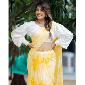 Sari en mousseline jaune citron imprimé numériquement, léger, style bohème, pour fêtes, mariages, plage, cérémonies, ethnique indien, pour femme, de créateur - Product Image 5