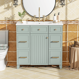 Mobile Bagno in Legno Massello Verde da 36 Pollici con Lavabo in Ceramica, Ante con Chiusura Ammortizzata, Ripiani Regolabili e 3 Cassetti (tra cui 2 Doppi) - Product Image 3