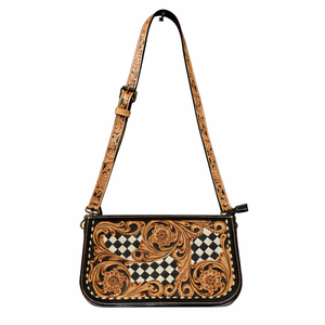 Sac à bandoulière artisanal en cuir véritable de vachette, multicolore, sculpté à la main, motif floral, imperméable, avec bouton - Product Image 1