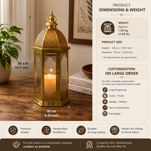 K GOLDEN <b>BRASS</b> Vintage Decorative Handmade Metal Hurricane <b>Lantern</b> Candle Holder Set Rustic for Living Room Patio Home - Product Image 5