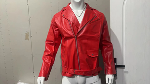 Chaqueta de cuero para hombre de alta calidad, estilo motero, con cuello de solapa, cremallera asimétrica, diferentes bolsillos y cinturón. - Product Image 2