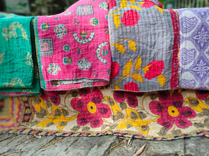 Antique Kantha <b>Bed</b> <b>Quilt</b> Vintage Bangali Embroidered Sari Boho Home 100% Cotton Eco-Friendly Washable Hand-Stitched Hotel - Product Image 6