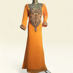 Mustard Yellow Luxury Kaftan <b>Dress</b> with <b>Silver</b> Embroidered Front and Cuff Detailing for Women - Product Image 3
