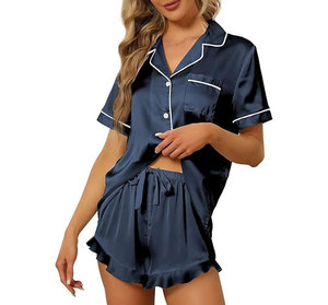 Conjunto de Pijamas de Satén para Mujer, Manga Corta, Color Negro Sólido, Cuello Camisero, Cintura Elástica, Ropa de Dormir Clásica Transpirable para Primavera/Verano - Product Image 6