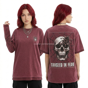 T-shirt graphique pour femme en coton lourd 240 GSM, bleu délavé à l'acide, motif crâne et fil barbelé, avec détail poche, vente en gros, fabricant - Product Image 5