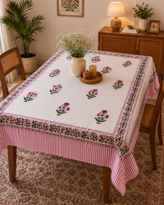 Floral Pink & White Traditional 100% Cotton Embroidered Eco-Friendly New Design <b>Tablecloth</b> 60x90 Inches Machine Washable Durable - Product Image 2