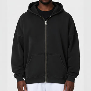 Sudaderas con capucha de invierno para hombre, negras, con cremallera, 100% algodón polar, con logotipo bordado personalizado, de alta calidad, corte holgado y extragrande, con acabado lavado a la piedra, al por mayor - Product Image 5