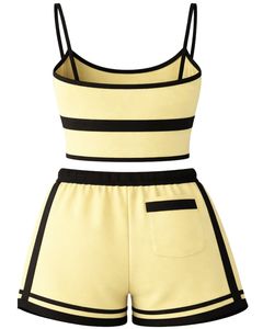 Conjunto de camisola y pantalones cortos para mujer, color amarillo claro y negro, conjunto de dos piezas de verano, Top corto de mezcla de algodón, pantalones cortos con cordón y estampado de mariposas - Product Image 2