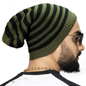 Gorro de Punto a Rayas para Hombre, 100% Acrílico, Tejido a Mano, Gorro de Invierno de Estilo Casual para Adultos, Color Verde y Negro - Product Image 6