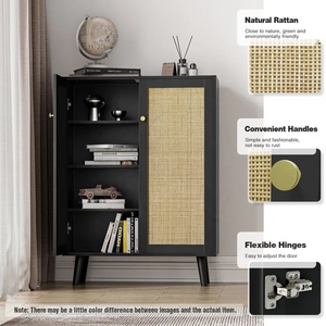Modern black Wood and Rattan Two Door <b>Storage</b> Cabinet with Black Finish Modern Organizer for Living Room Bedroom and Office - Product Image 5