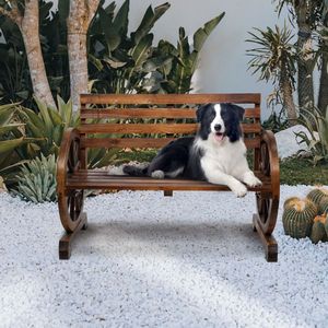 Rustic 2-Person Brown Wooden Wagon Wheel Bench with Slatted Seat and <b>Backrest</b> for Patio Use - Product Image 6