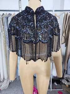 Black Beaded <b>Fringe</b> Capelet Wedding <b>Jacket</b> Wrap hand Embroidery - Product Image 4