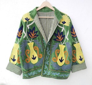 Dynamic Green <b>Velvet</b> Floral Suzani Jacket Winter Evening Blazer Reversible Short <b>Coat</b> For Boho Clothing <b>Women's</b> Fashion Outwear - Product Image 1