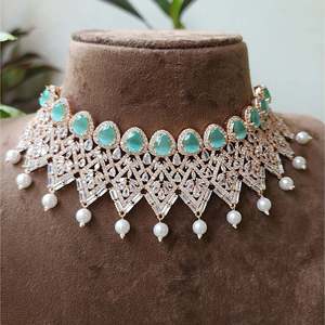 Aqua Green Rose Gold Bridal Choker with Pearl and Zircon - Product Image 3
