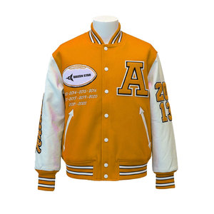DAIZEN <b>STAR</b> Men Varsity <b>Jacket</b> Orange White Sleeve Embroidered Letter Patch Design Turn-down Collar Single Button Skulls Pattern - Product Image 1