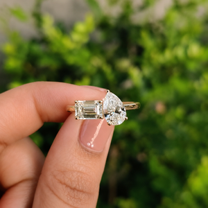 14K Yellow Gold Pear And <b>Emerald</b> Cut Moissanite Engagement <b>Ring</b> Toi Et Moi Wedding Jewelry for Women - Product Image 1