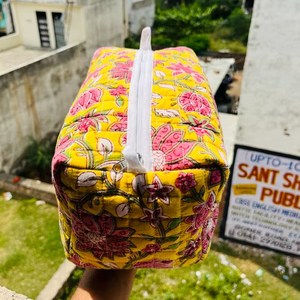 Handmade Quilted Cotton Travel <b>Makeup</b> Organizer Large Capacity Floral Block Printed Cosmet Pouch Zipper Lightweight <b>Case</b> - Product Image 1