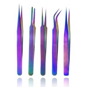 Ensemble de pinces à cils en acier inoxydable de précision, 5 pièces, couleur arc-en-ciel, pointe lisse pour extension de cils - Product Image 1